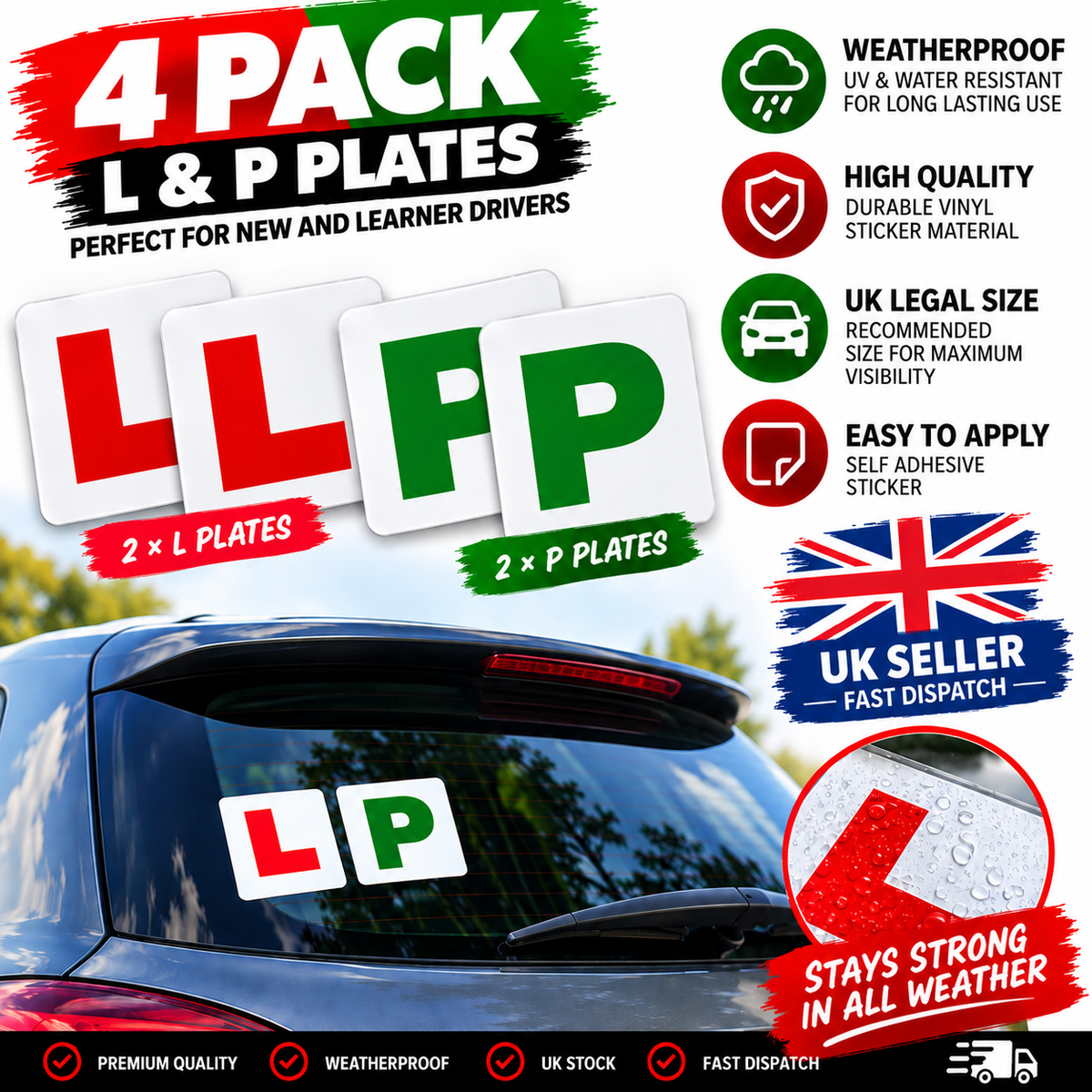 L Plate and P Plate 4 pack – red L and green P weatherproof vinyl