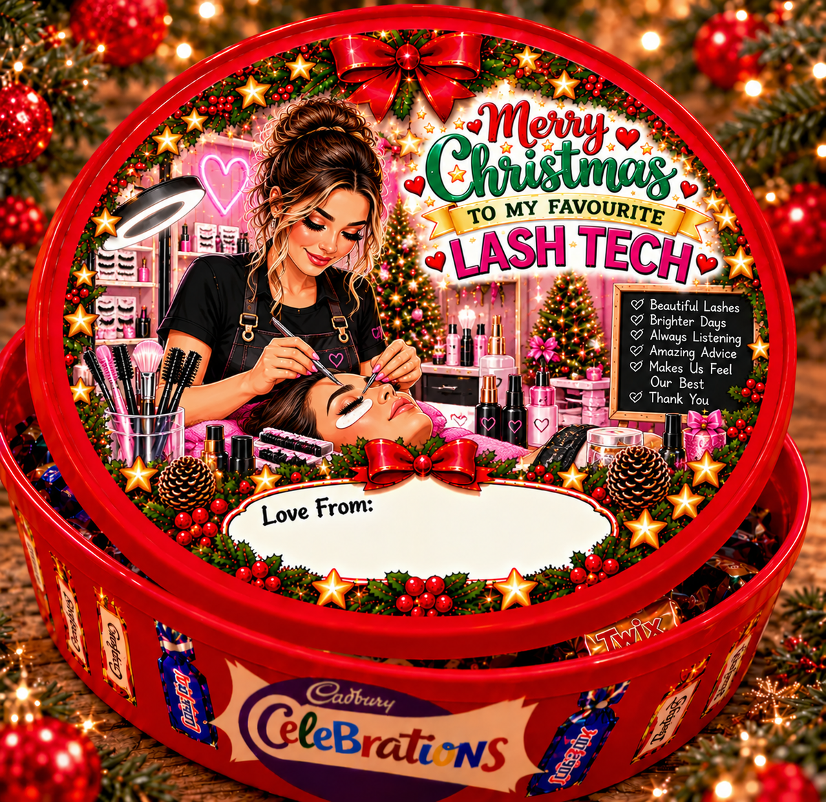Christmas chocolate tub sticker mock-up for Lash Tech; matching festive design on a closed red Celebrations tin