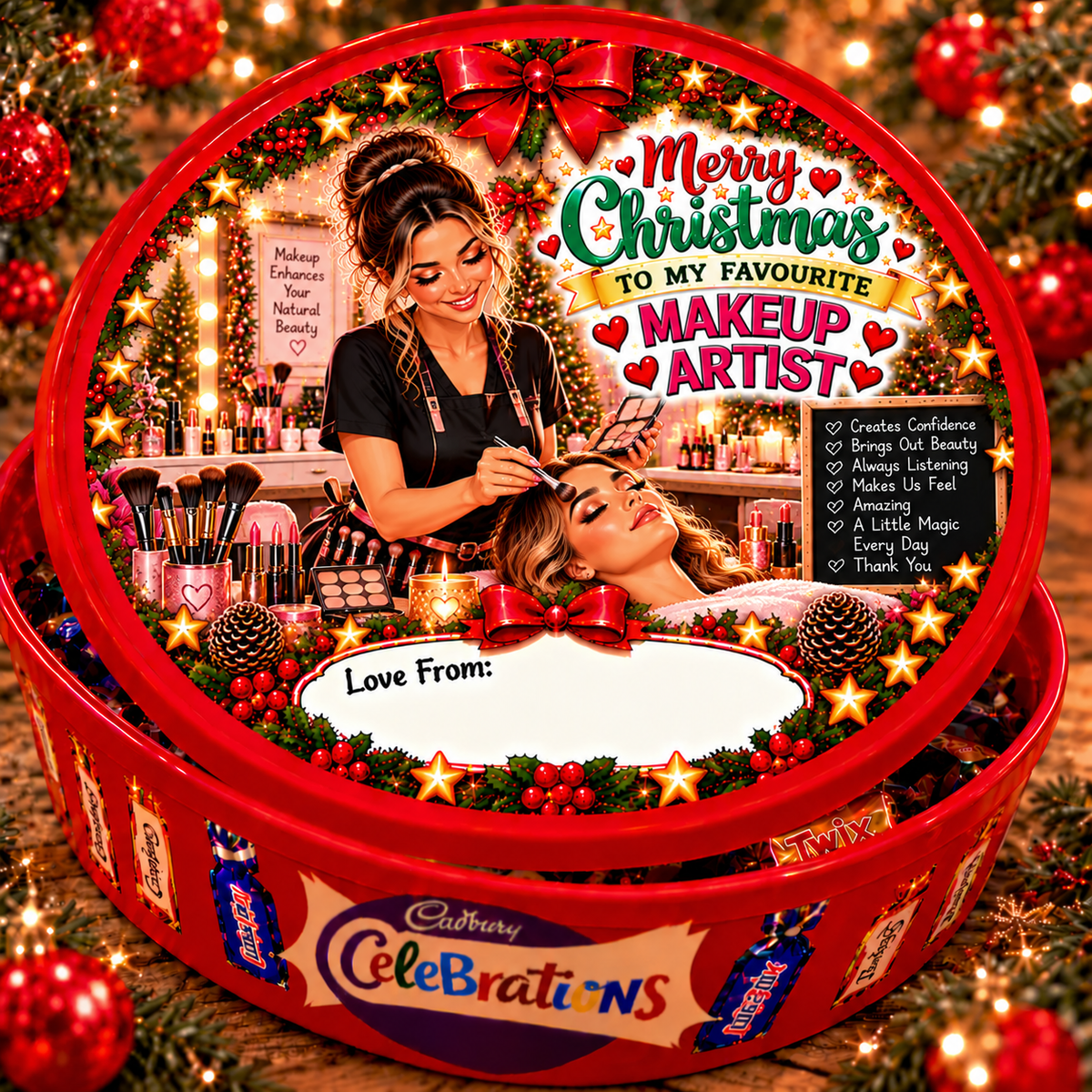 Christmas chocolate tub sticker mock-up for Makeup Artist; matching festive design on a closed red Celebrations tin
