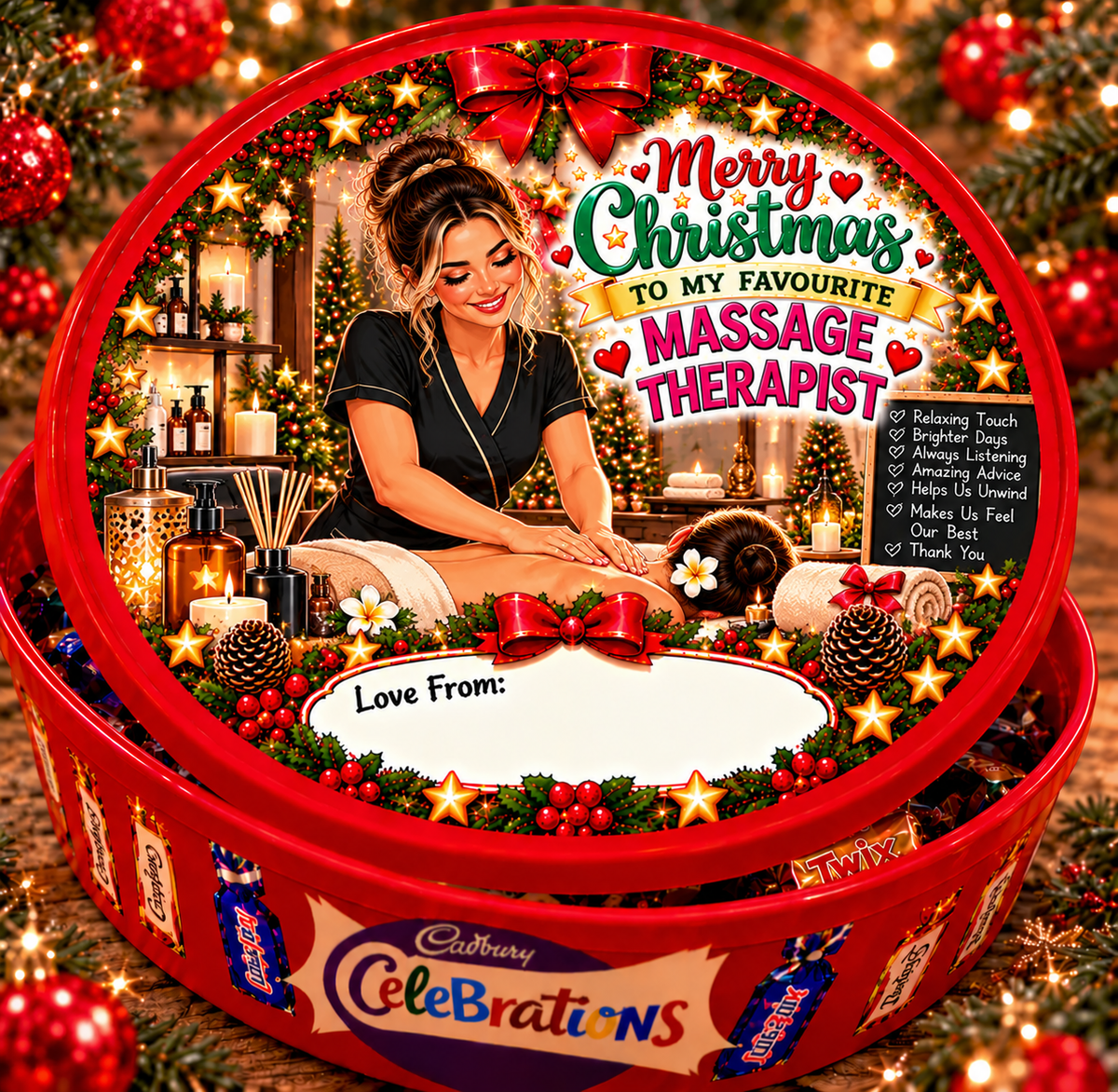 Christmas chocolate tub sticker mock-up for Massage Therapist; matching festive design on a closed red Celebrations tin