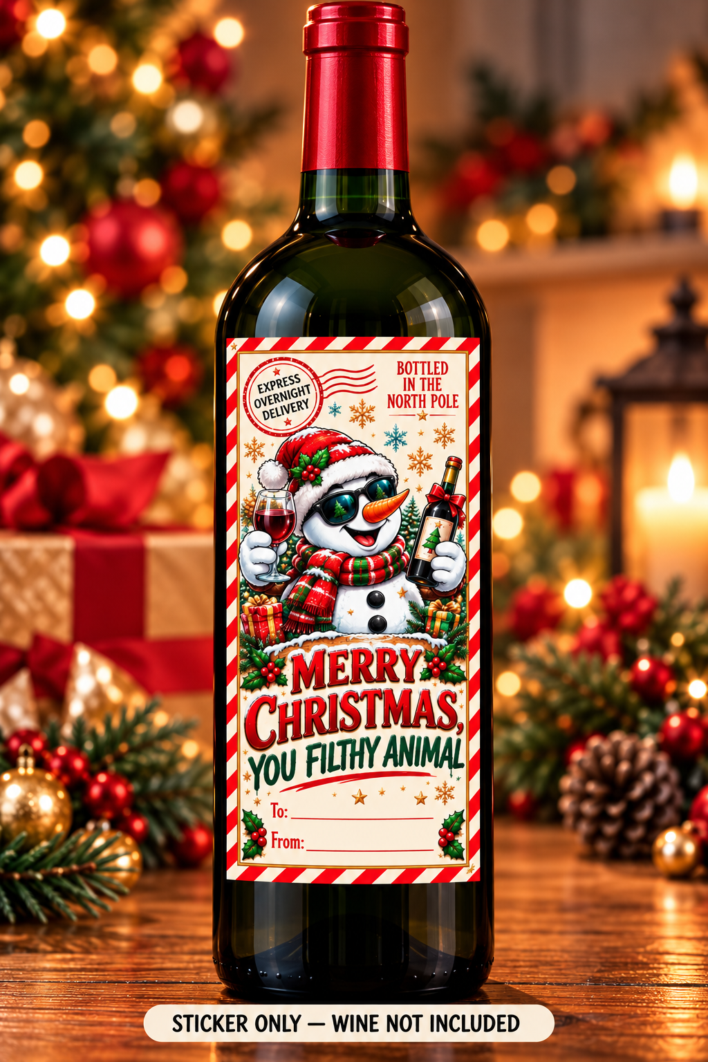 Merry Christmas, You Filthy Animal snowman wine bottle sticker mockup; sticker only, wine not included