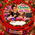 Christmas chocolate tub sticker mock-up for Nail Tech; matching festive design on a closed red Celebrations tin