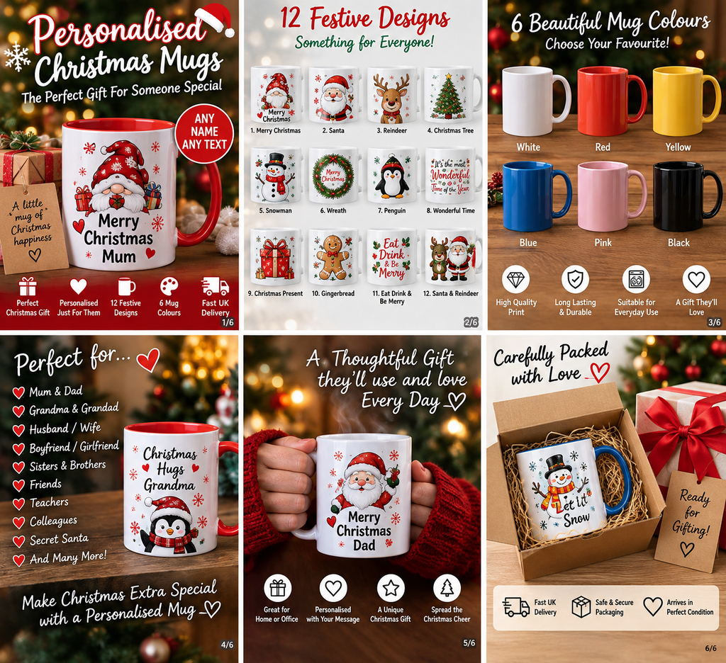 Personalised Christmas mugs showing designs, colours and gift ideas
