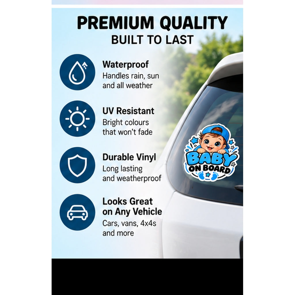 Baby on Board premium weatherproof vinyl features