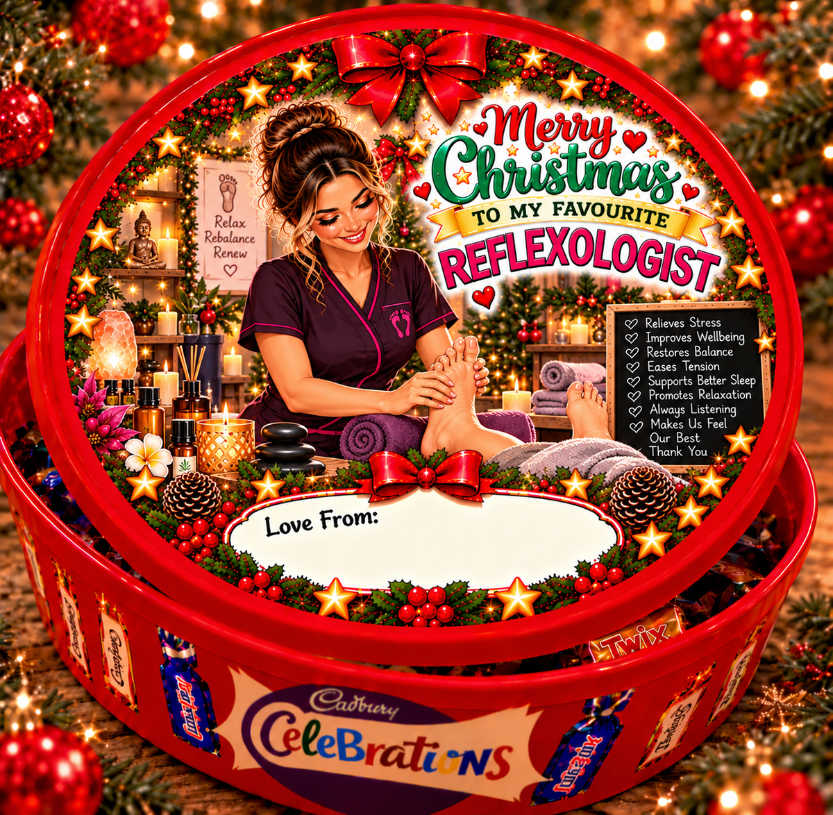 Christmas chocolate tub sticker mock-up for Reflexologist; matching festive design on a closed red Celebrations tin