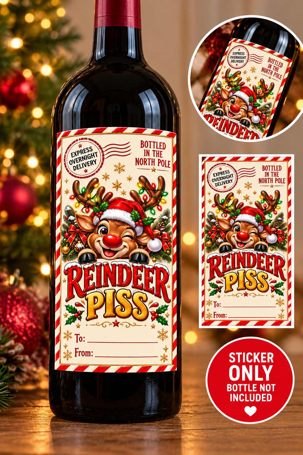 Reindeer Piss Christmas wine bottle sticker mockup