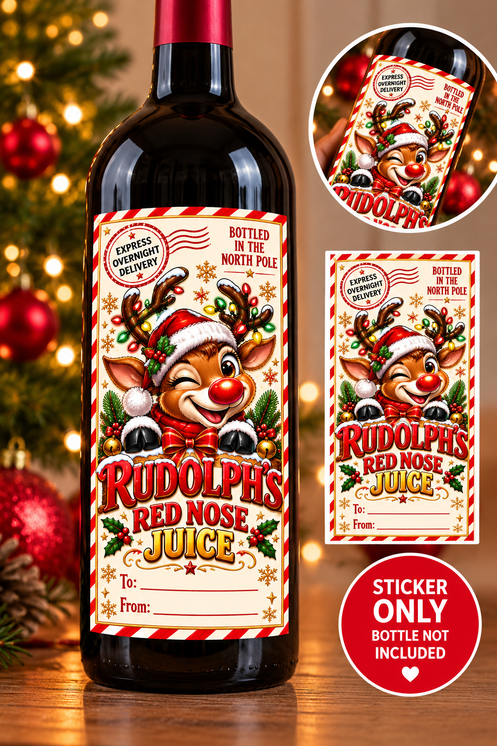 Rudolph's Red Nose Juice Christmas wine bottle sticker mockup