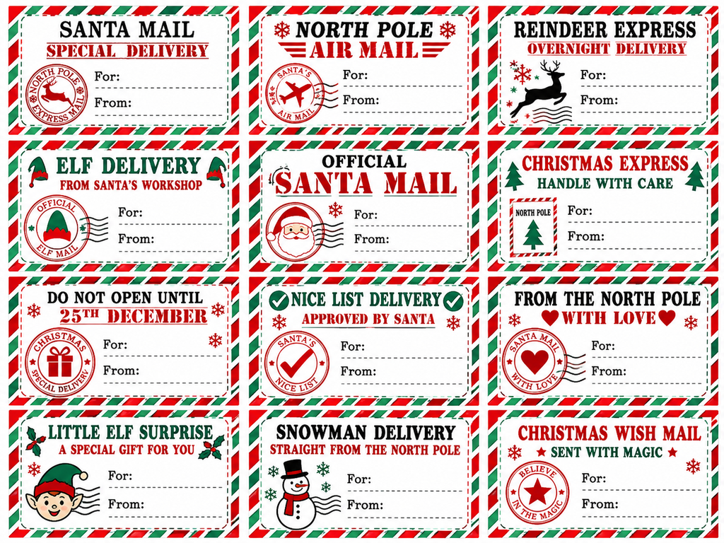 Choose one of 12 Santa Mail sticker designs – pack of 10 identical stickers