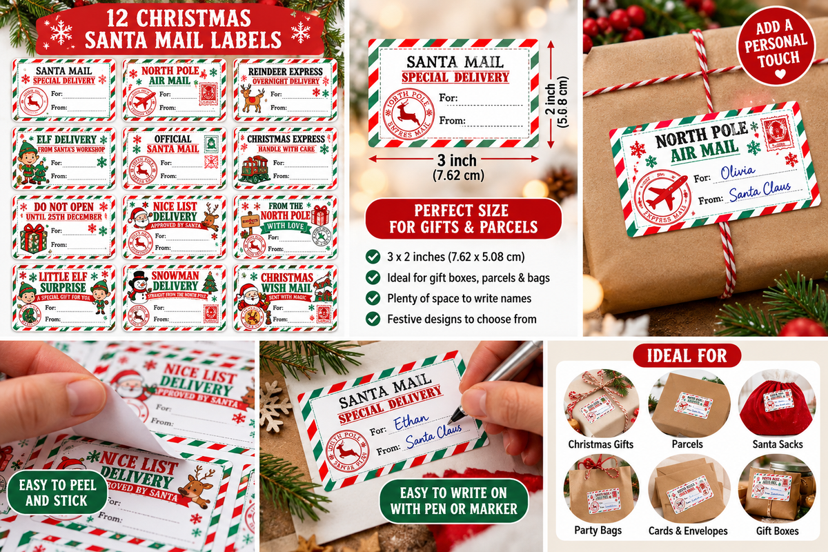 Santa Mail sticker size and examples showing writing with a pen or marker