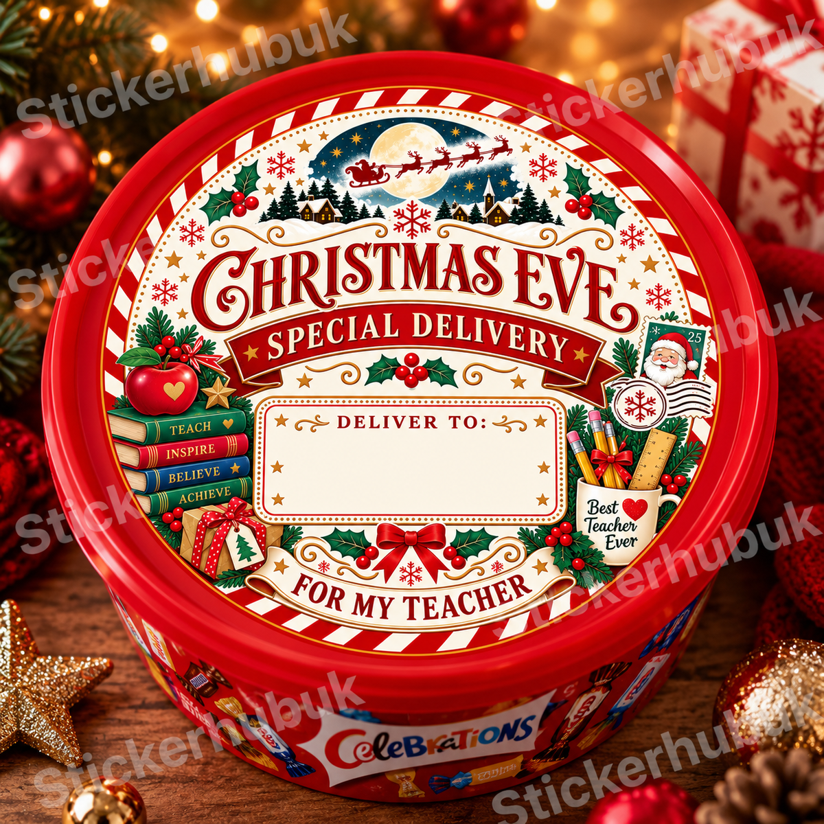 Teacher Christmas chocolate tub sticker mockup