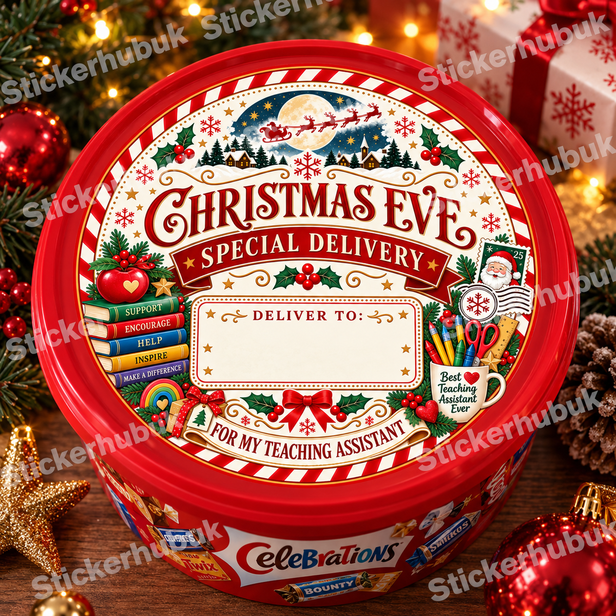 Teaching Assistant Christmas chocolate tub sticker mockup