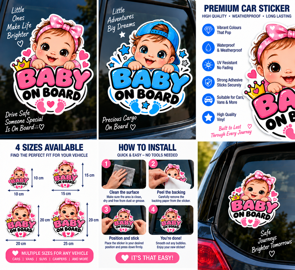 Baby on Board sticker sizes and installation guide without prices