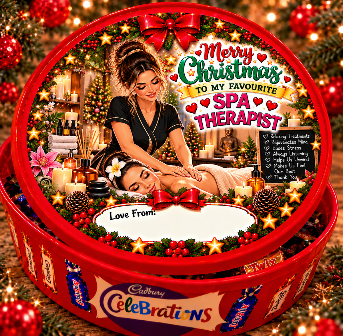 Christmas chocolate tub sticker mock-up for Spa Therapist; matching festive design on a closed red Celebrations tin
