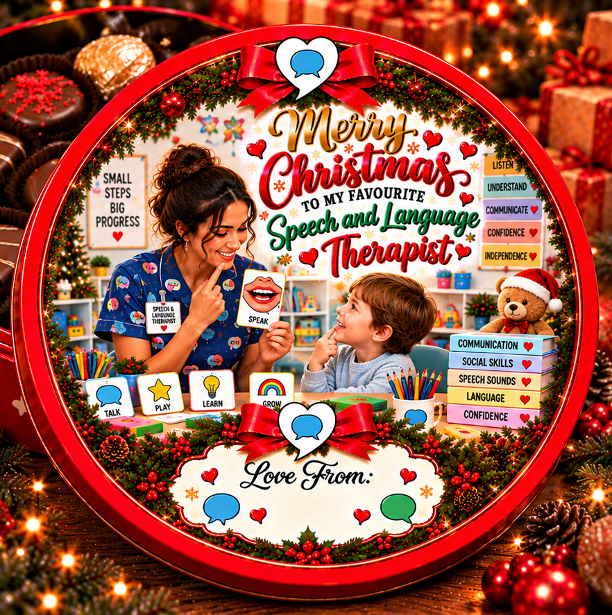 Christmas chocolate tub sticker for Speech and Language Therapist