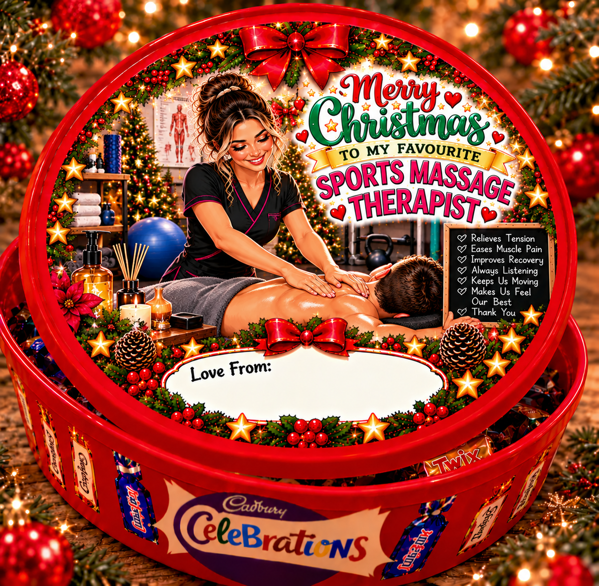 Christmas chocolate tub sticker mock-up for Sports Massage Therapist; matching festive design on a closed red Celebrations tin
