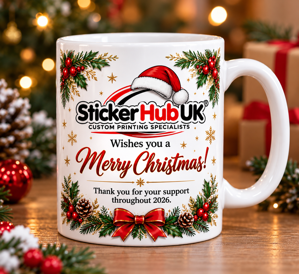 Clean realistic main product photo of the StickerHubUK personalised business Christmas mug