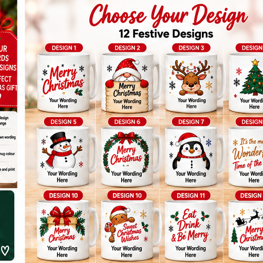 Twelve personalised Christmas mug design choices