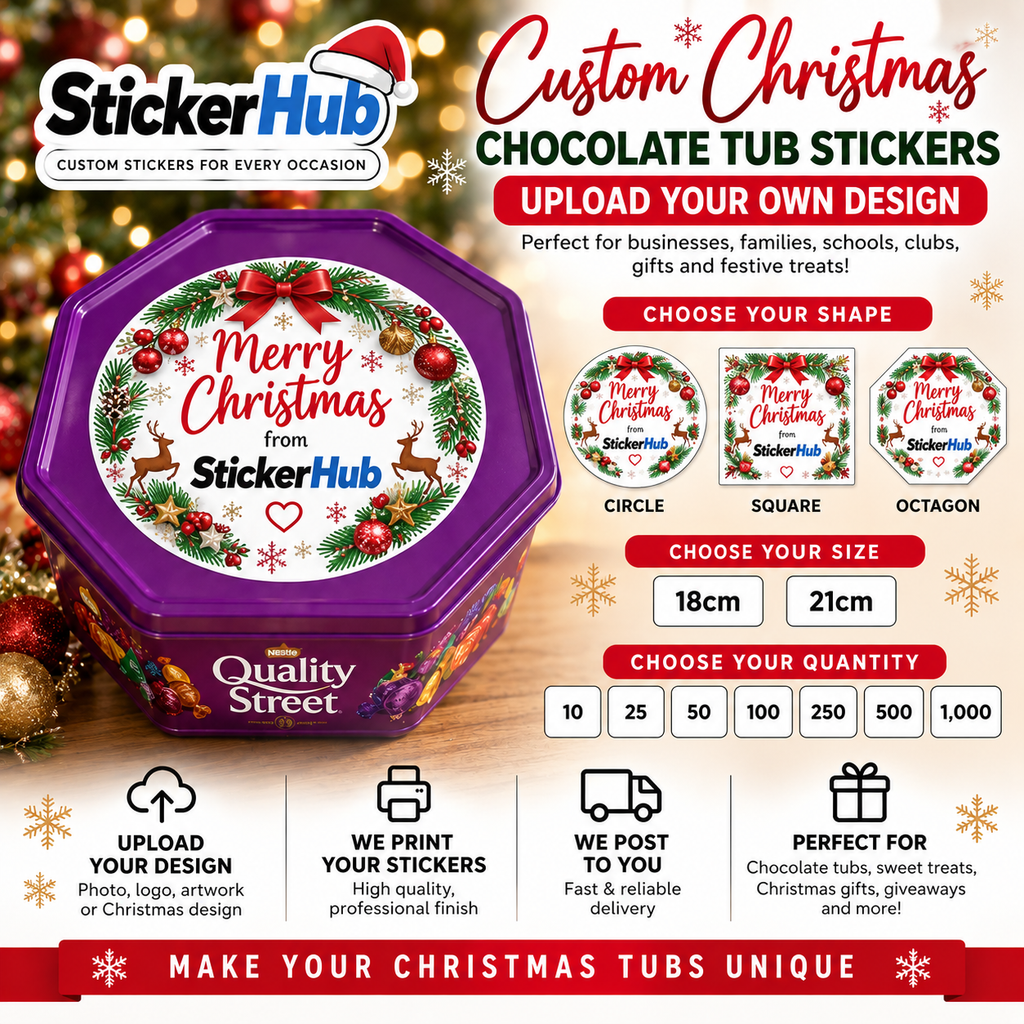 StickerHub custom Christmas chocolate tub stickers – 18cm and 21cm – upload your own design