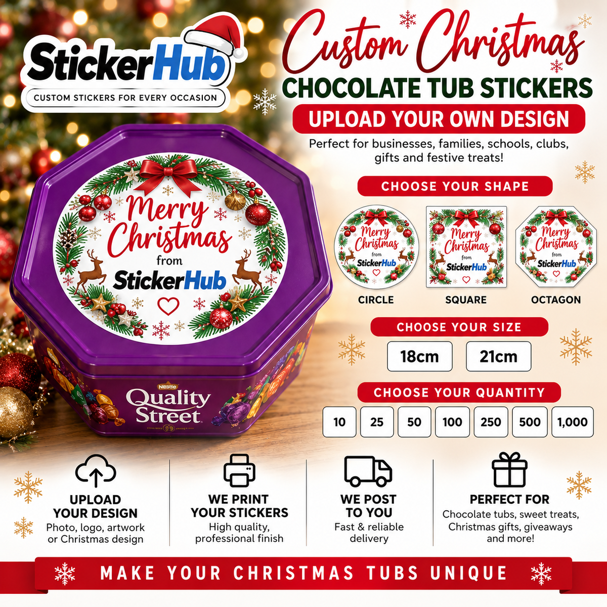 StickerHub custom Christmas chocolate tub stickers – 18cm and 21cm – upload your own design