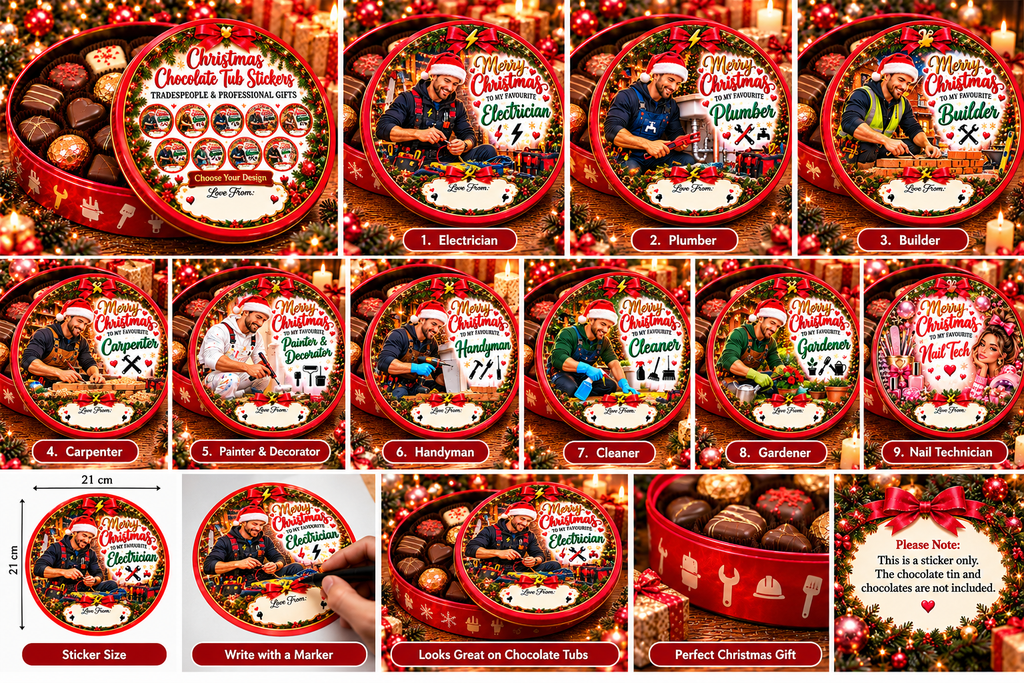 Christmas chocolate tub sticker listing gallery showing nine trades and professional designs, size, marker personalization and sticker-only information