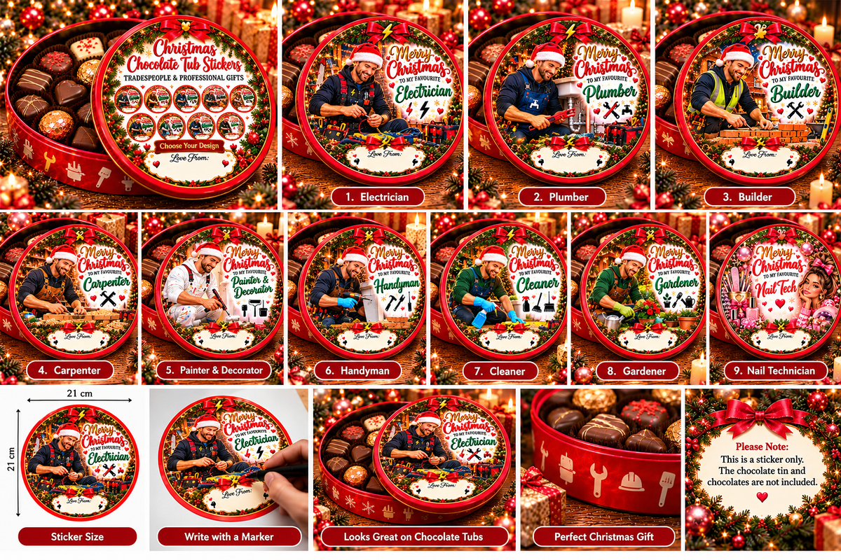 Christmas chocolate tub sticker listing gallery showing nine trades and professional designs, size, marker personalization and sticker-only information