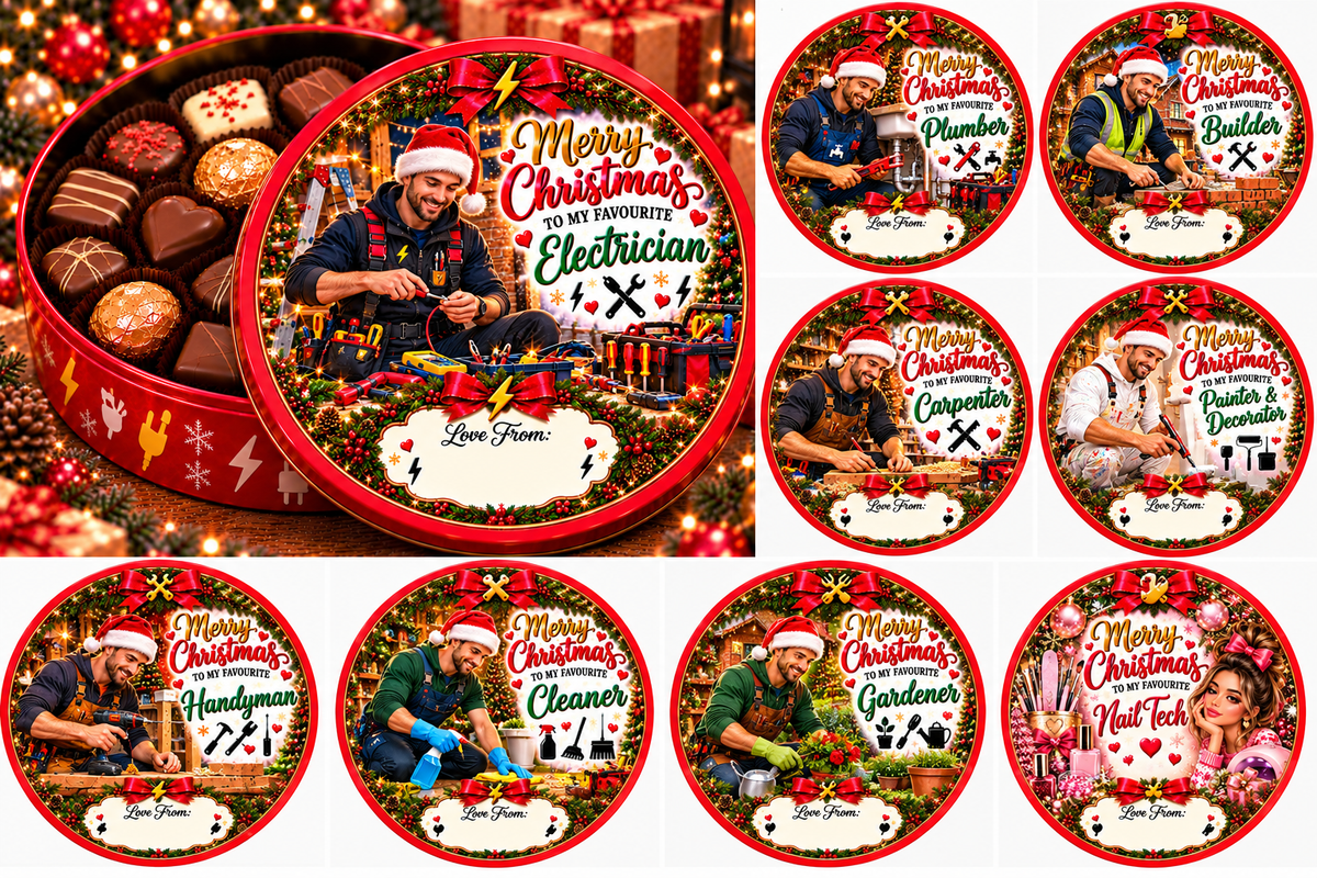 Christmas chocolate tub sticker mockup showing electrician, plumber, builder, carpenter, painter and decorator, handyman, cleaner, gardener and nail technician designs
