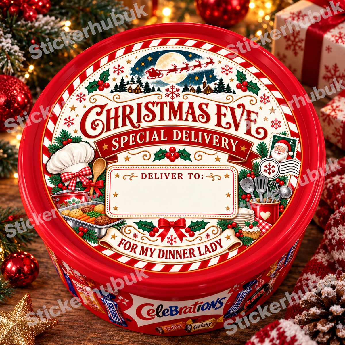 Dinner Lady Christmas chocolate tub sticker