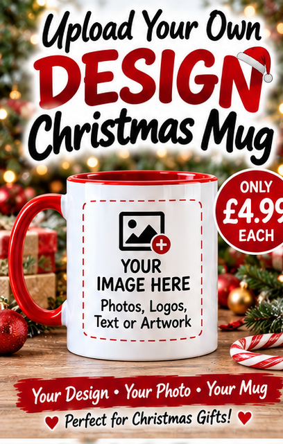 Upload your own design Christmas mug – your photo, logo, text or artwork