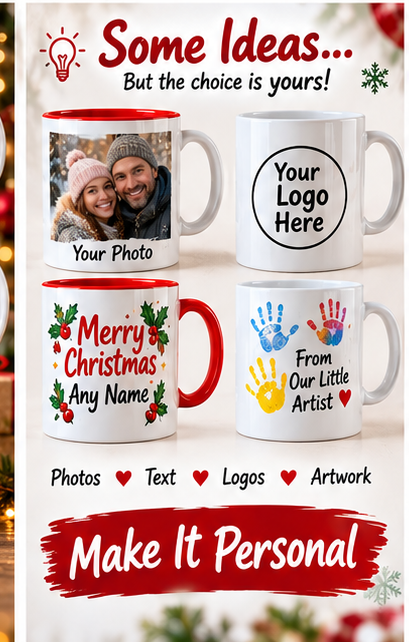 Custom photo, logo, text and artwork Christmas mug examples