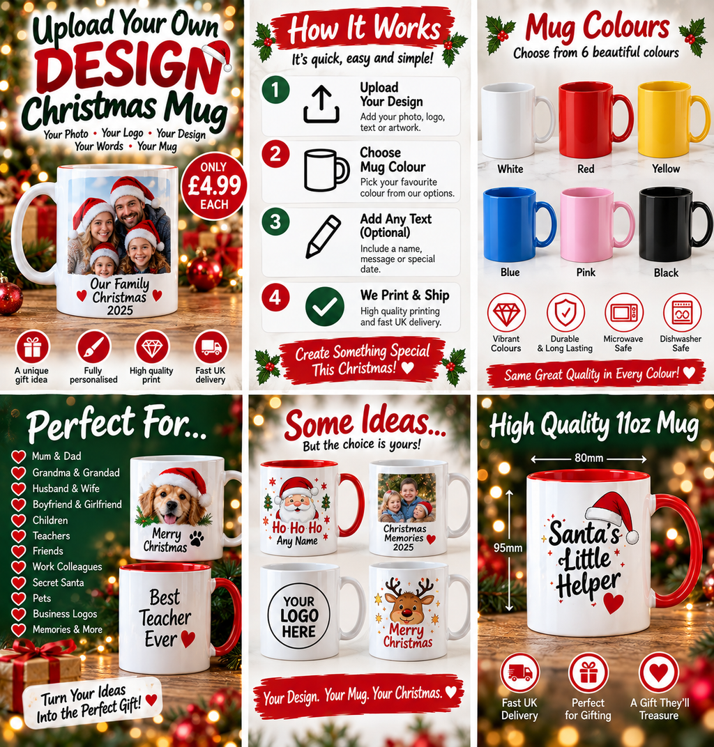 Six solid Christmas mug colours – white, red, yellow, blue, pink and black